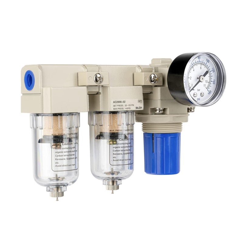 BLCH 1/4" NPT Air Compressor Dryer - Double Air Compressor Filter Air Compressor Regulator AC2000-02 Manual Drain Poly Bowl Gauge 0-160 PSI 5μm Brass - Image 2